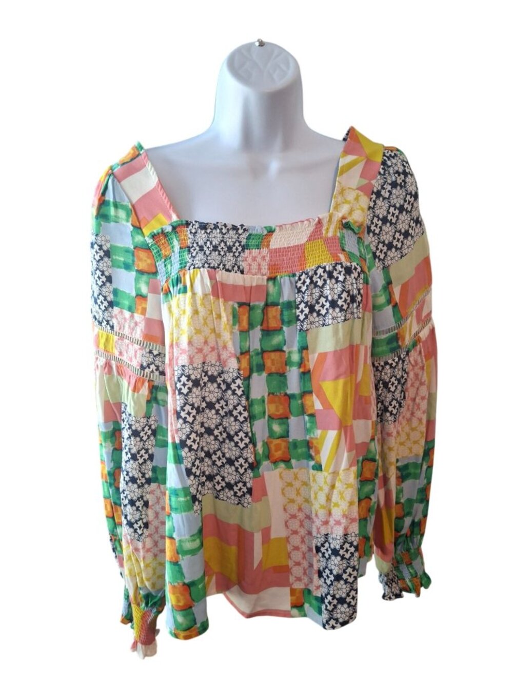 Fate S Patchwork Blouse Smocked Square Neck Balloon Sleeve Boho Coastal Top